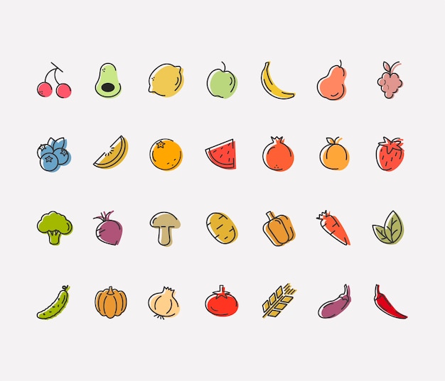 iconos de frutas y verduras de colores