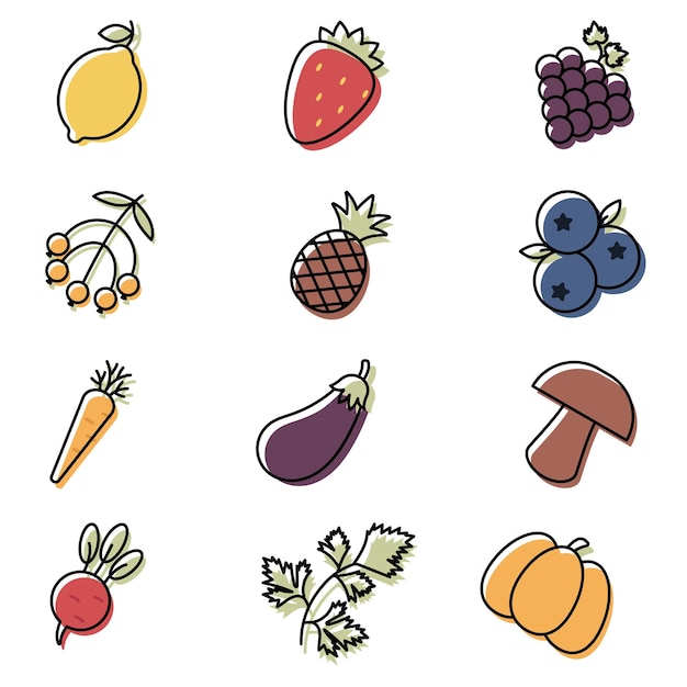 Iconos de frutas y verduras en contorno o estilo de línea Conjunto de iconos para cualquier proyecto web y aplicación