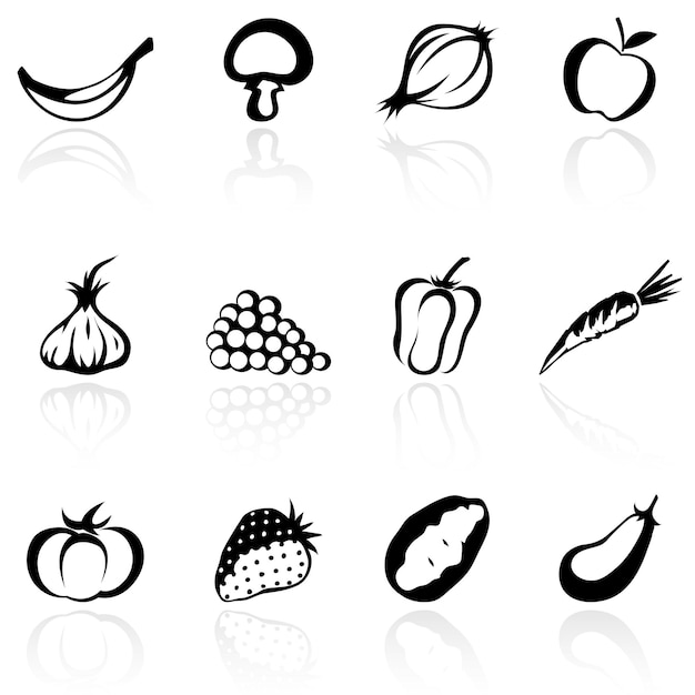 Vector iconos de frutas y verduras minimalistas negros