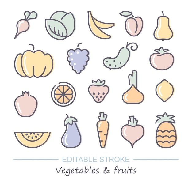 Iconos de frutas y verduras con trazo editable