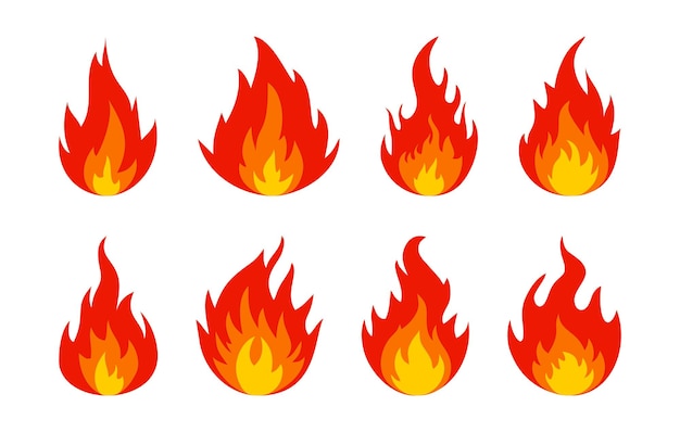Iconos de fuego Conjunto de brillantes iconos de llamas ardientes y hogueras Colección de signos de quema Ilustración vectorial