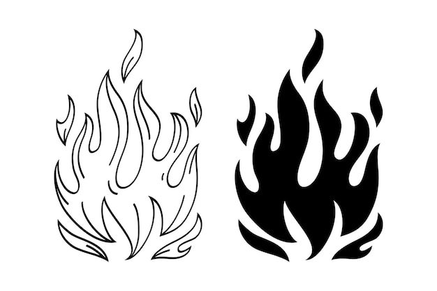 Iconos de fuego dibujados a mano Conjunto de vectores de iconos de llamas de fuego Dibujado a mano Doodle Sketch Fuego Dibujo en blanco y negro Símbolo de fuego simple