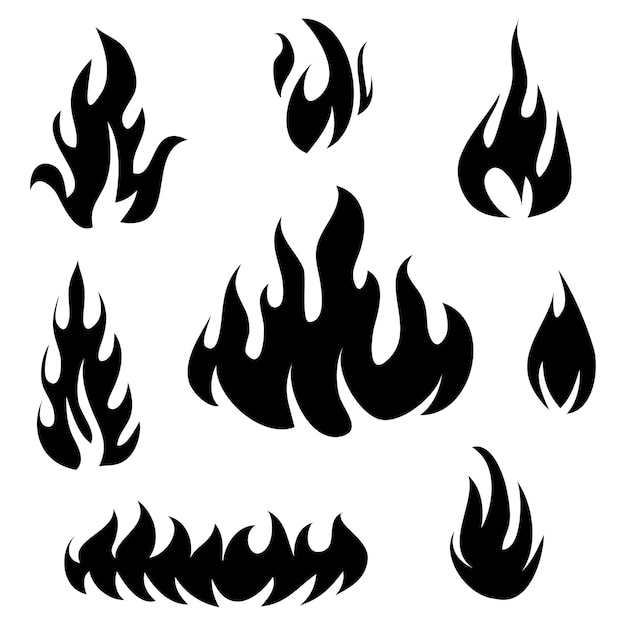 Iconos de fuego dibujados a mano Conjunto de vectores de iconos de llamas de fuego Dibujado a mano Doodle Sketch Fuego Dibujo en blanco y negro Símbolo de fuego simple