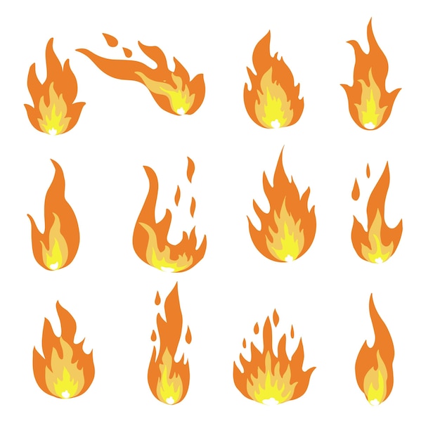 Iconos de fuego de llama en estilo de dibujos animados. Llamas de diferentes formas. Conjunto de símbolos ardientes, ardientes.Vector