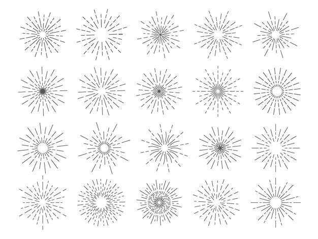 Iconos de fuegos artificiales Líneas de luces de fuego y marcos de estrellas Círculo moderno de luz del sol Suspiros elegantes estallidos de sol o estallido de estrellas Decoración de estallido redonda antigua Decoración de aniversario de boom Diseño de felicitación vectorial