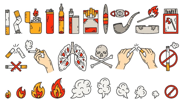 Iconos de fumar en concepto de estilo doodle de ilustración de malos hábitos
