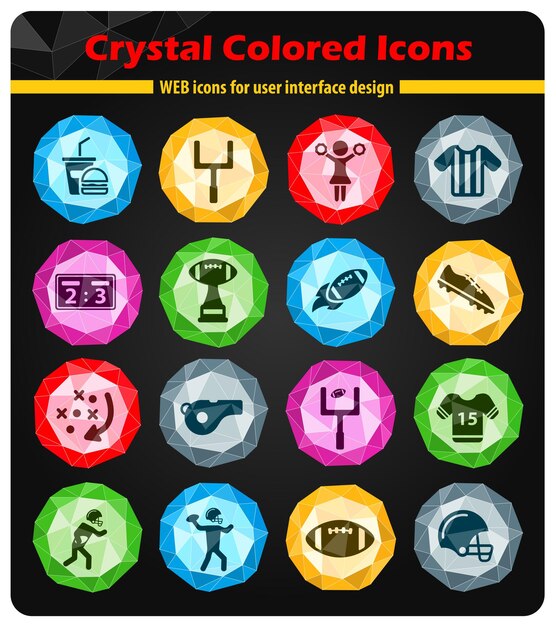 Iconos de fútbol americano en cristales de botones de colores brillantes