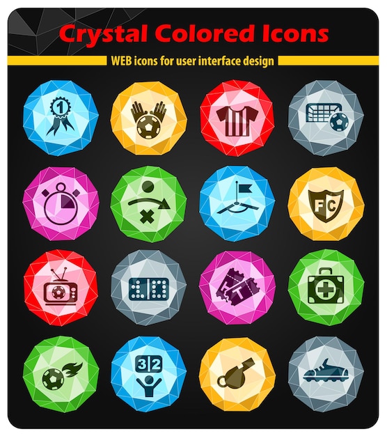 Iconos de fútbol en cristales de botones de colores brillantes