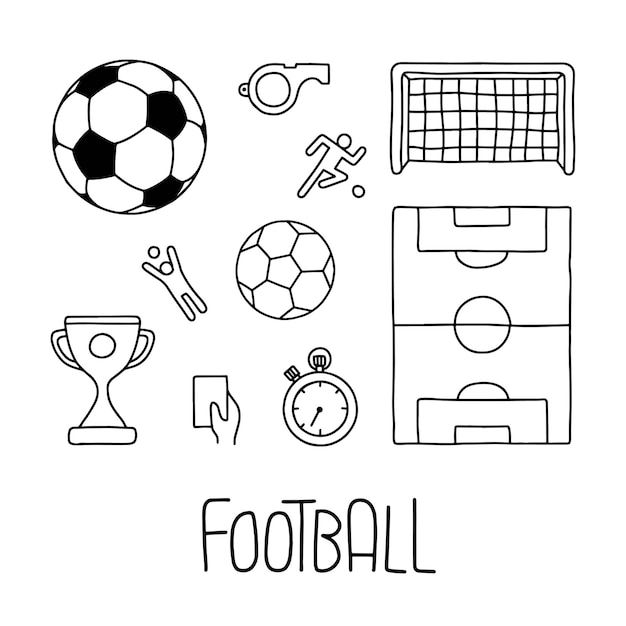 Iconos de fútbol con letras Mano dibujar ilustración de línea vectorial