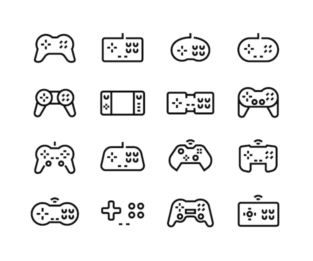 Iconos de gamepad Controlador de joystick de videojuegos Pictograma retro para el logotipo de arcade Dispositivo de líneas negras para estación de juegos y computadora sobre fondo blanco Consola vectorial y juego de botones de juegos de PC