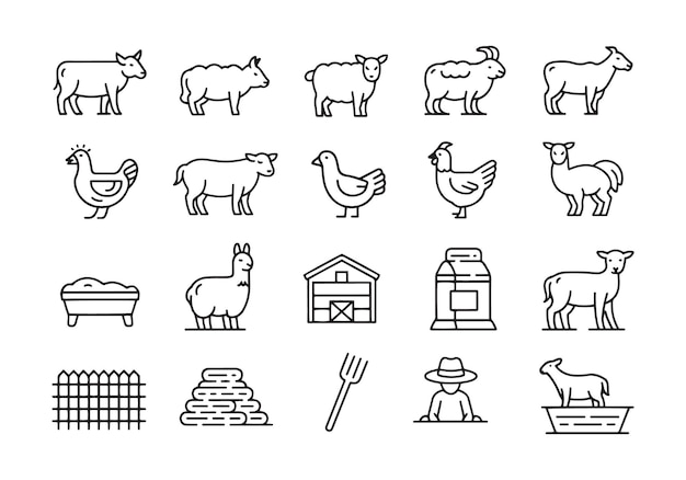 Iconos de ganado y línea de granja Conjunto de ganado Agricultura granero herramientas agrícolas Ilustración vectorial