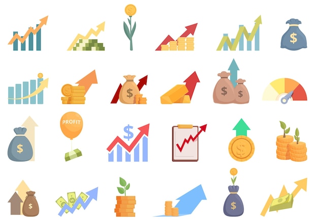 Iconos de ganancias set vector de dibujos animados Dinero invertir Ingresos comerciales