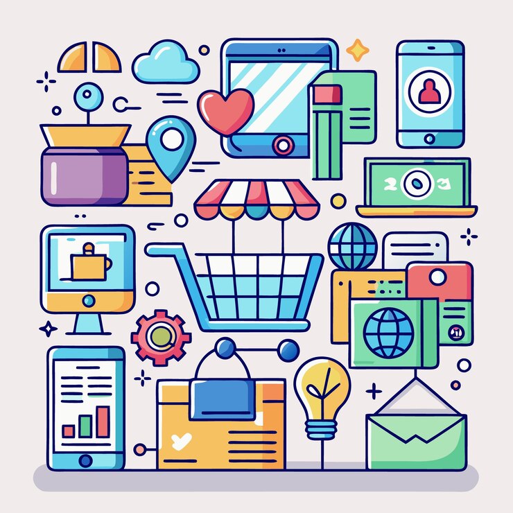 Vector iconos de garabateo coloridos que representan las compras y el marketing en línea