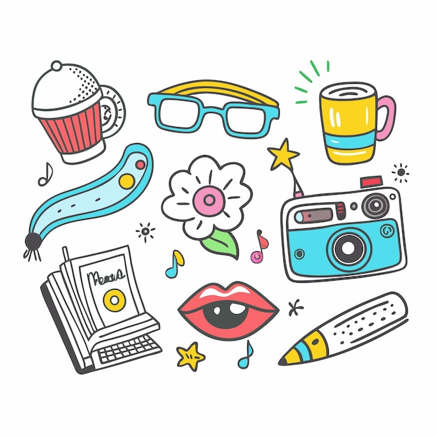 Iconos de garabateo dibujados a mano conjunto de gafas flores copa de cámara labios y otros elementos