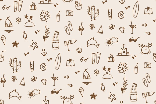 Iconos de garabateo de verano sin costuras dibujados a mano con patrones vectoriales Ilustración de vacaciones en el mar para fiestas en la playa