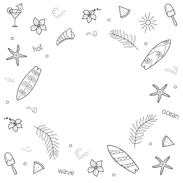 Iconos de garabateo de verano Ilustración vectorial de una palma de tabla de surf