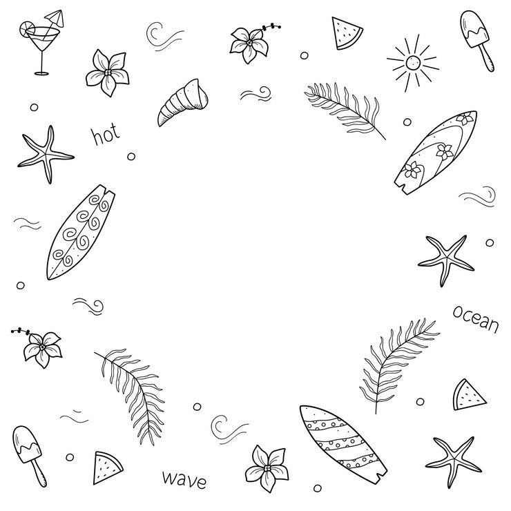 Iconos de garabateo de verano Ilustración vectorial de una palma de tabla de surf