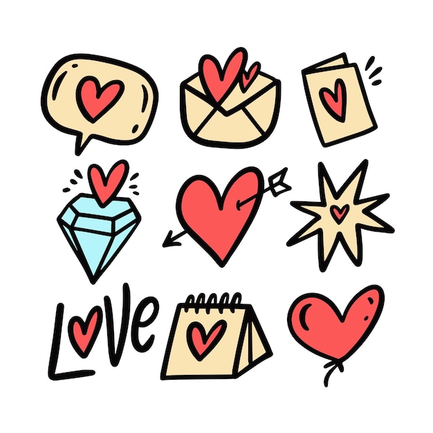 Vector iconos de garabatos coloridos aman el conjunto o elementos de san valentín