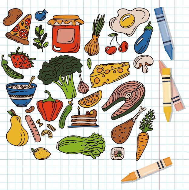 Iconos de garabatos de comida vectorial hechos a mano arte de línea set menú restaurante boceto ilustración de comida saludable