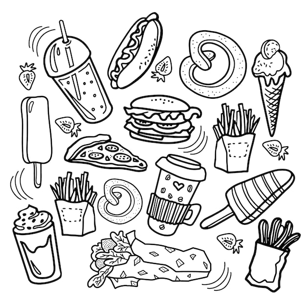 Iconos de garabatos dibujados a mano de comida callejera Tipos de comida rápida