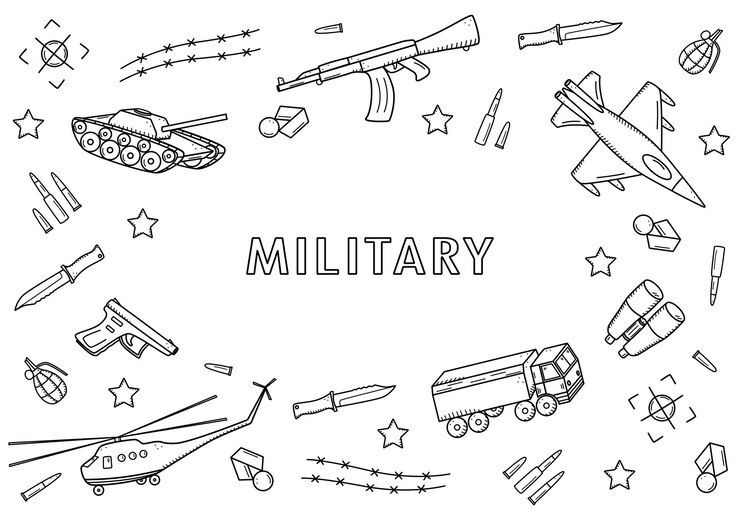 Iconos de garabatos militares Ilustración vectorial de un conjunto de artículos del ejército de equipo militar