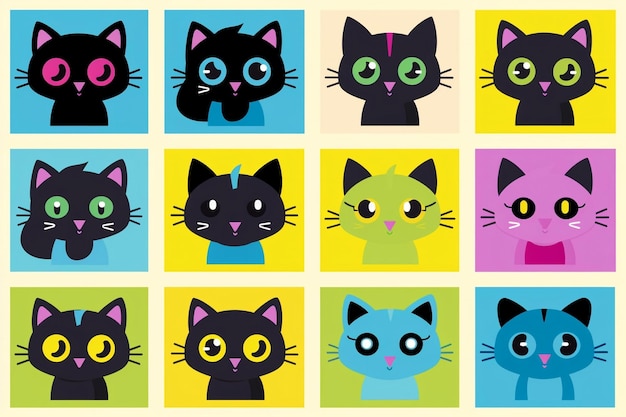 Iconos de gatos negros con caras bonitas