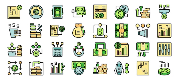 Iconos de gestión del dinero que muestran la estrategia de inversión y el crecimiento financiero