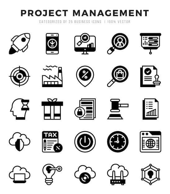 Iconos de gestión de proyectos Conjunto de iconos llenados lineales de administración de proyectos