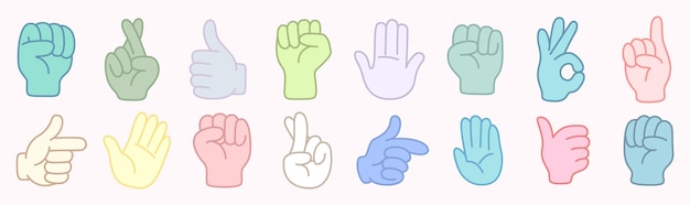 Iconos de gestos de manos coloridos Establecen manos de estilo dibujos animados en varias posturas Ilustración vectorial