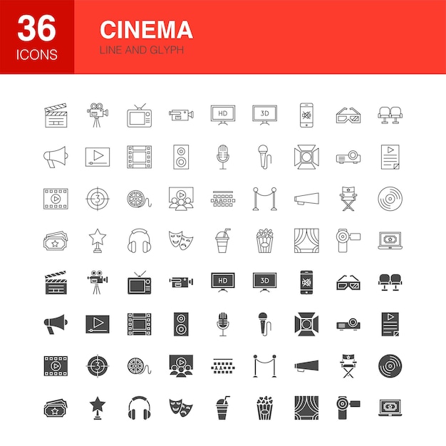 Iconos de glifo de Cinema Line Web. Ilustración de vector de contorno de película y símbolos sólidos.