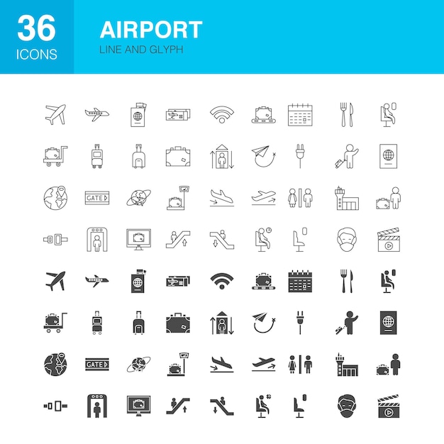 Iconos de glifo web de línea de aeropuerto