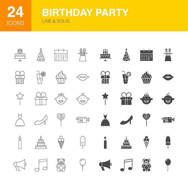 Iconos de glifo de Web de línea de fiesta de cumpleaños. Ilustración de vector de contorno feliz y símbolos sólidos.