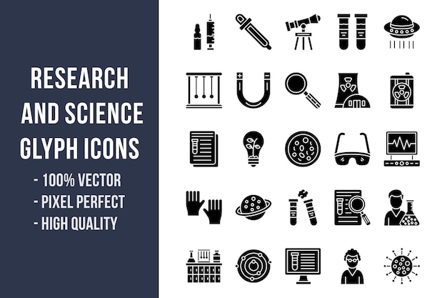 Iconos de glifos de investigación y ciencia