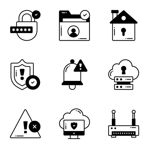 Iconos de glifos vectoriales de protección y seguridad establecidos en redes de computadoras cibernéticas tecnología de datos empresariales