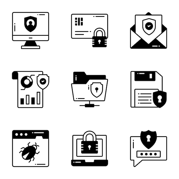 Iconos de glifos vectoriales de protección y seguridad establecidos en redes de computadoras cibernéticas tecnología de datos empresariales
