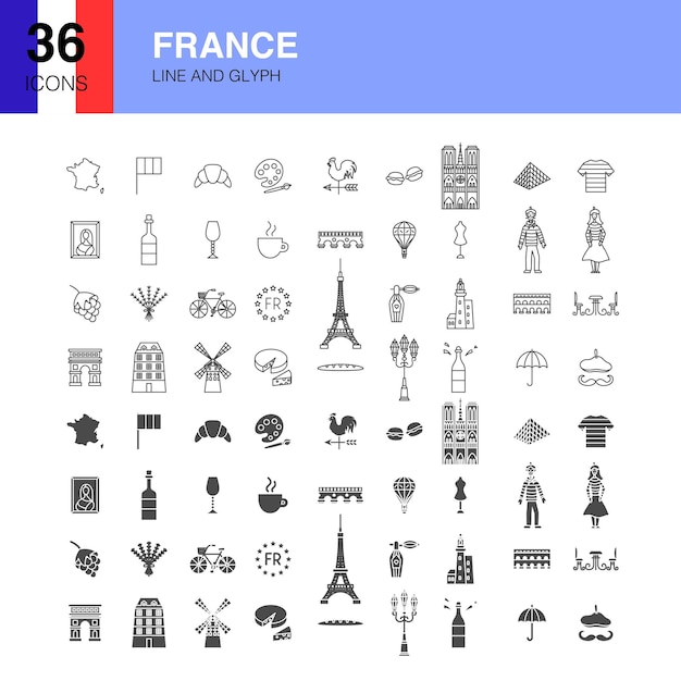 Vector iconos de glifos web de línea de francia