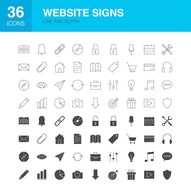 Iconos de glifos web de línea de sitio web. ilustración de vector de contorno y símbolos sólidos.