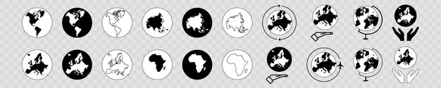 Iconos globales de la tierra en blanco y negro