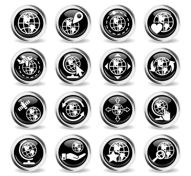 Iconos de globos en botones negros redondos con anillo de metal