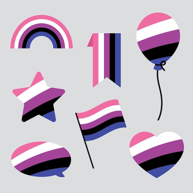 Iconos de globos de corazón de color rosa blanco púrpura negro y azul como los colores de la bandera genderfluid