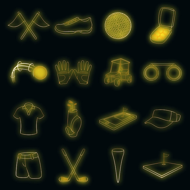 Iconos de golf ambientados en estilo neón. Ilustración de vector de colección de equipo de golf