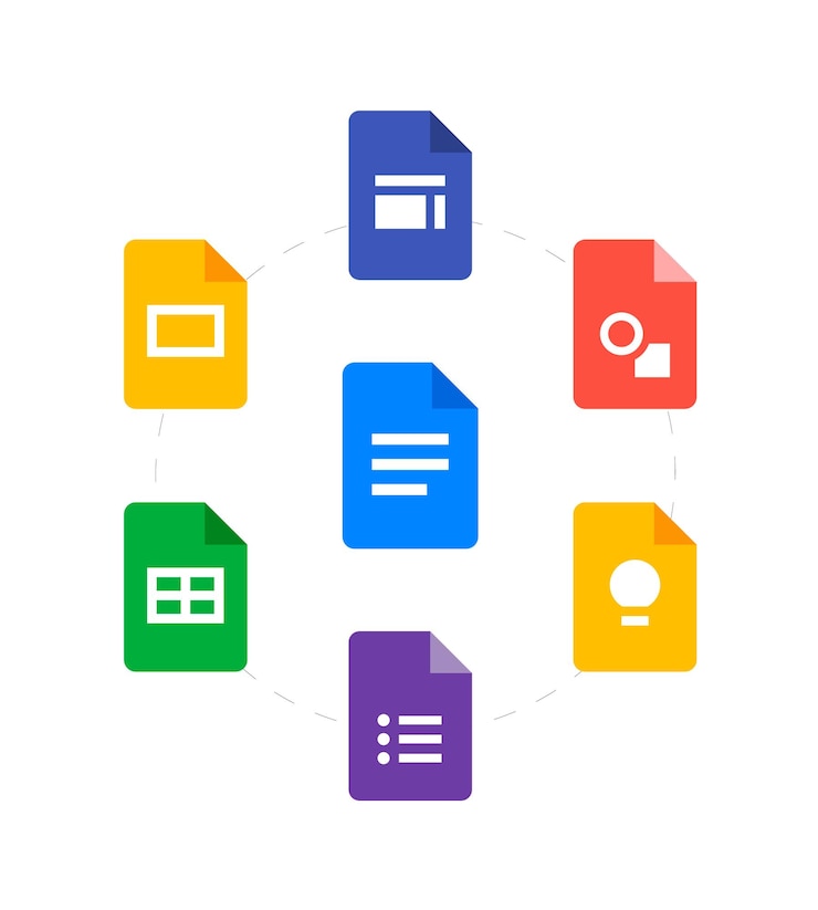 Vector iconos de google del documento. sitios de google, dibujos de google, google keep, formularios, hojas de cálculo y presentaciones de google.