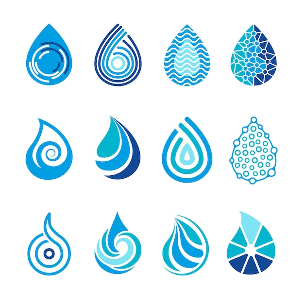 Iconos de gotas el agua salpica símbolos abstractos para el diseño del logotipo de aqua h2o de salud vectorial ilustración de la forma de gota de gota de agua líquida aqua