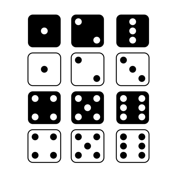 Vector iconos gráficos de dados configurados en color blanco y negro vector ludo dados un gran conjunto de dados azules