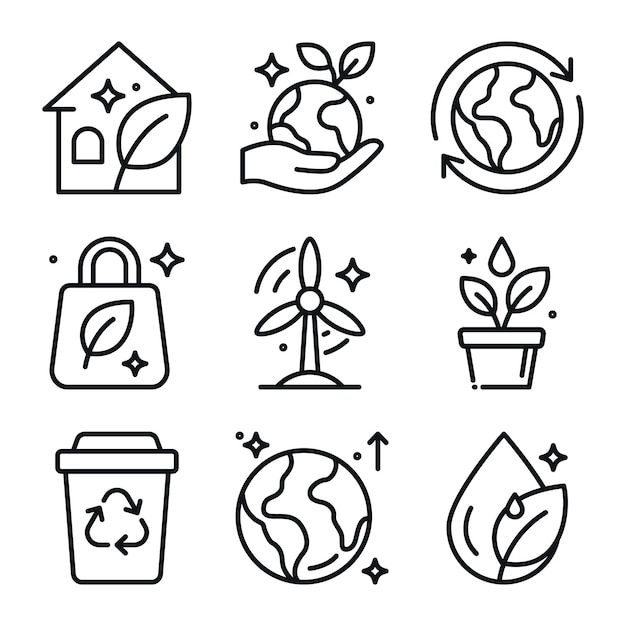 Iconos gráficos símbolo eco-amigable iconos de línea que representan la sostenibilidad Perfecto para infografías ambientales blogs ecológicos sitios web verdes y promociones de energía renovable