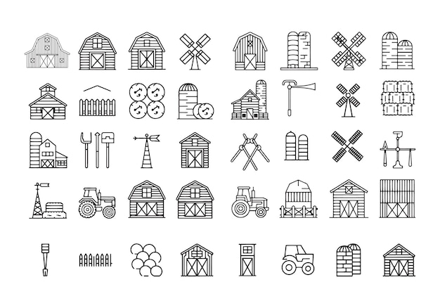 Iconos de granero en estilo de línea conjunto de agricultura de la granja en el campo ilustración vectorial de almacenamiento