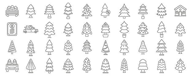 Los iconos de la granja de árboles de Navidad establecen el contorno del vector Spruce Truck