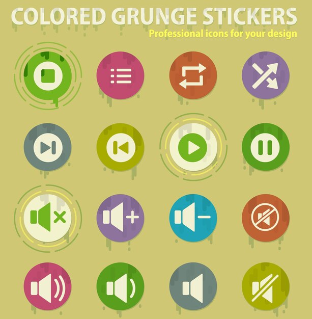 Iconos de grunge de color de reproductor multimedia