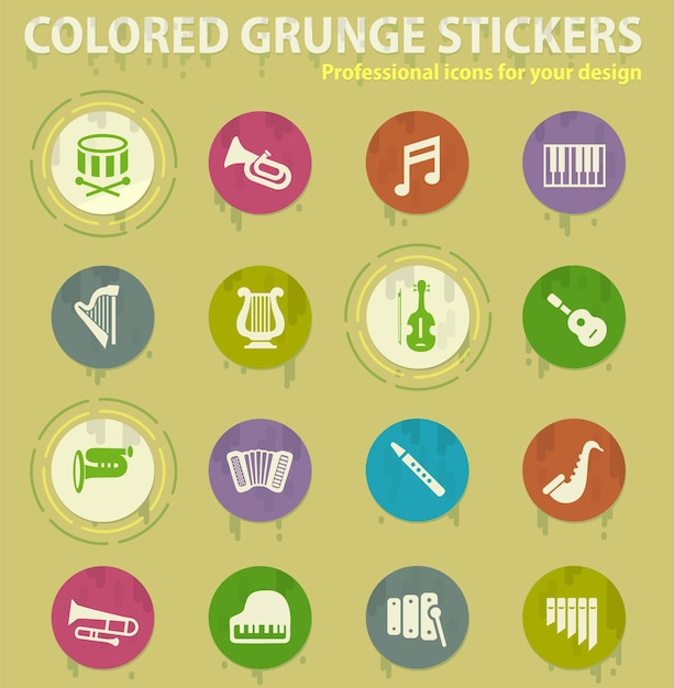 Iconos grunge de colores de instrumentos clásicos