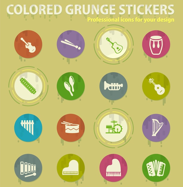 Iconos de grunge de colores de instrumentos musicales